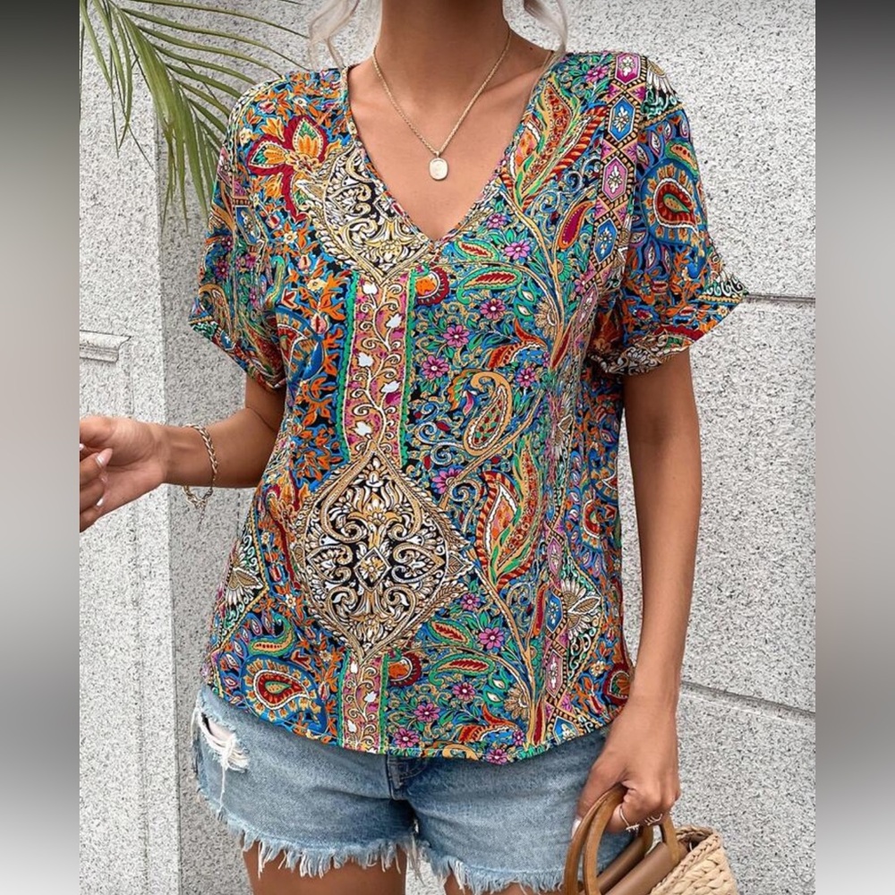 Boho floral paisley print batwing sleeve V neck blouse - Picture 6 of 6